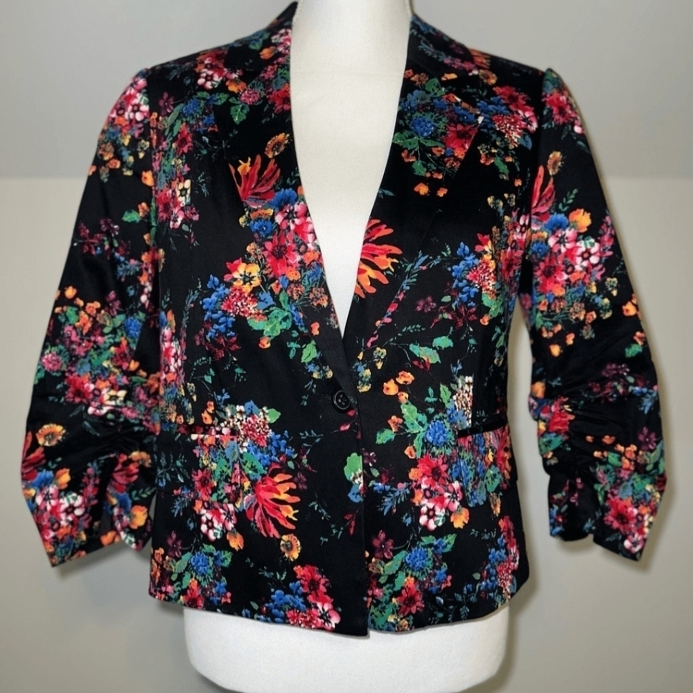 Laundry Shelli Segal Blazer Black Multi Floral 3/4 Ruched Sleeve